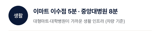 생활: 이마트 이수점 5분, 중앙대병원 8분