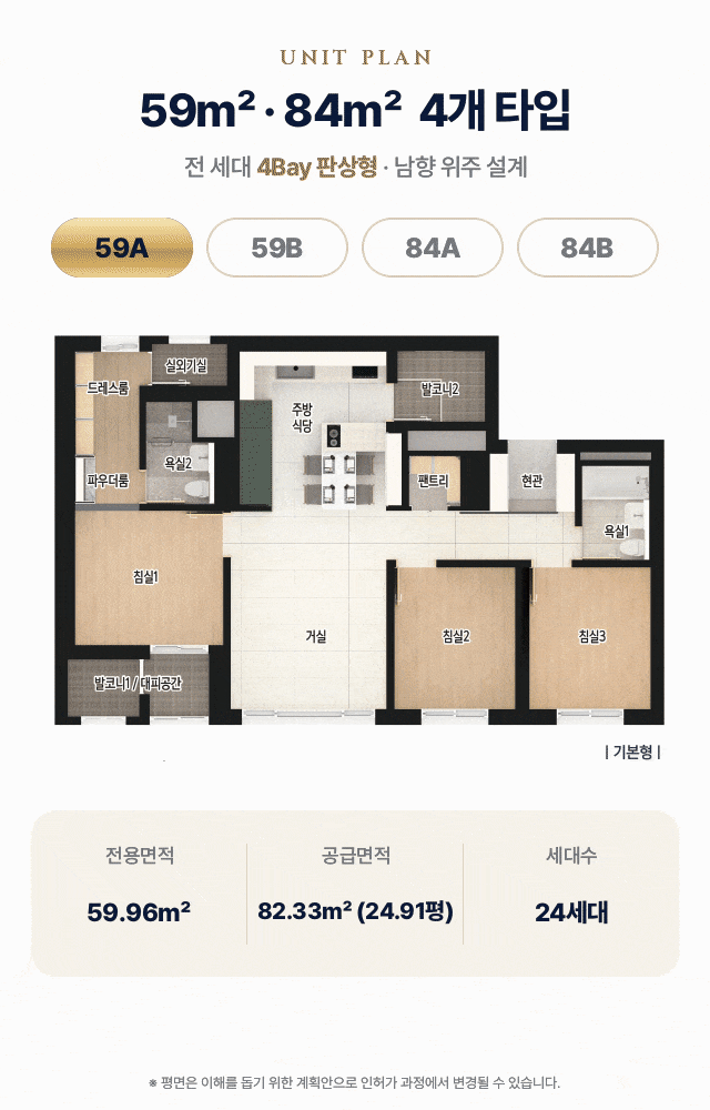 59㎡ A·B / 84㎡ A·B 4개 타입 평면 — 전 세대 4Bay 판상형, 남향 위주 설계